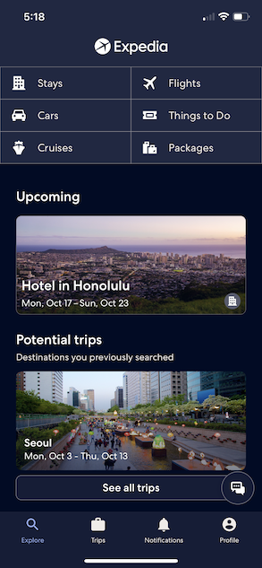 Expedia home screen in dark mode