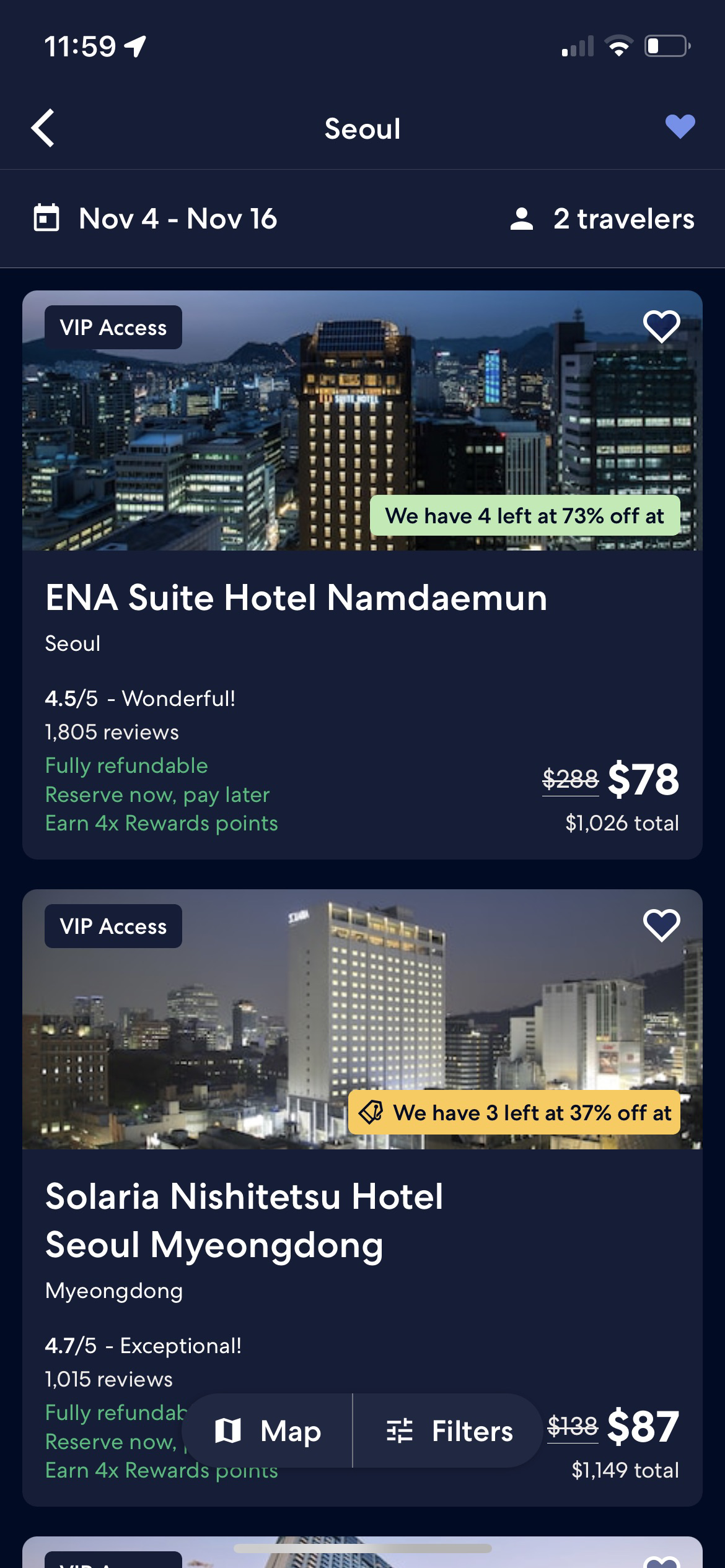 Expedia hotel search results in dark mode