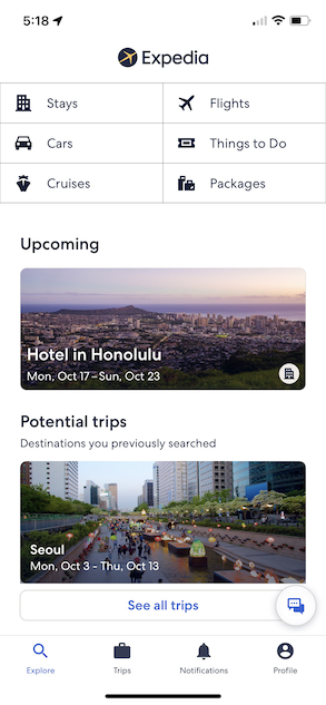 Expedia home screen in light mode