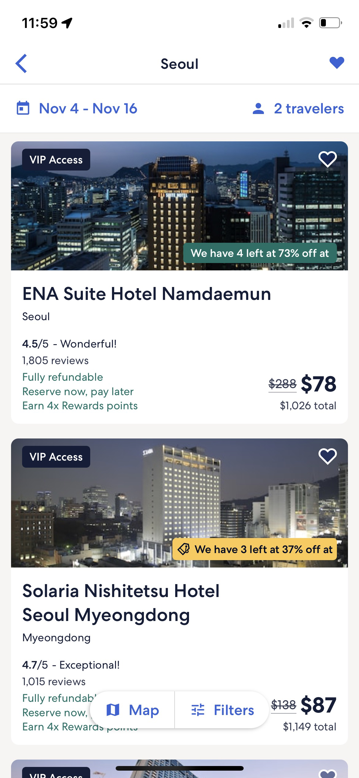 Expedia hotel search results in light mode