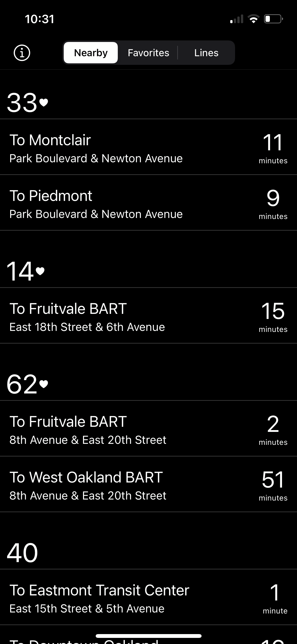 Schedules App showing nearby arrivals in dark mode