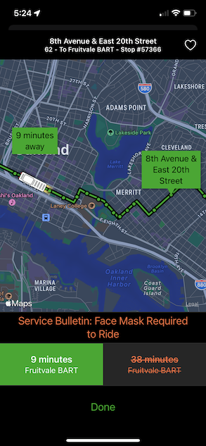 Schedules App showing bus approaching in dark mode