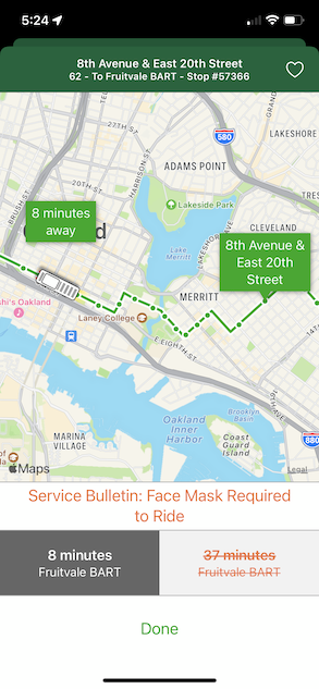 Schedules App showing bus approaching in light mode